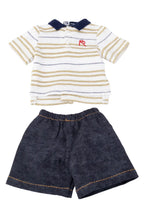 Striped polo shirt and denim shorts doll clothing set on a white background