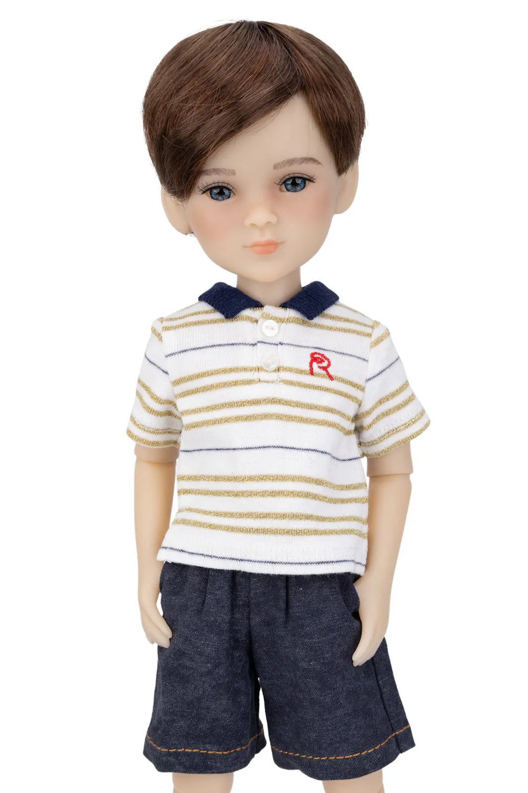 Doll wearing a striped shirt and shorts on a white background
