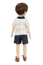 Doll wearing a striped shirt and shorts on a white background