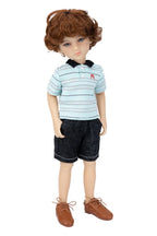 Doll wearing a striped shirt, black shorts, and brown shoes on a white background