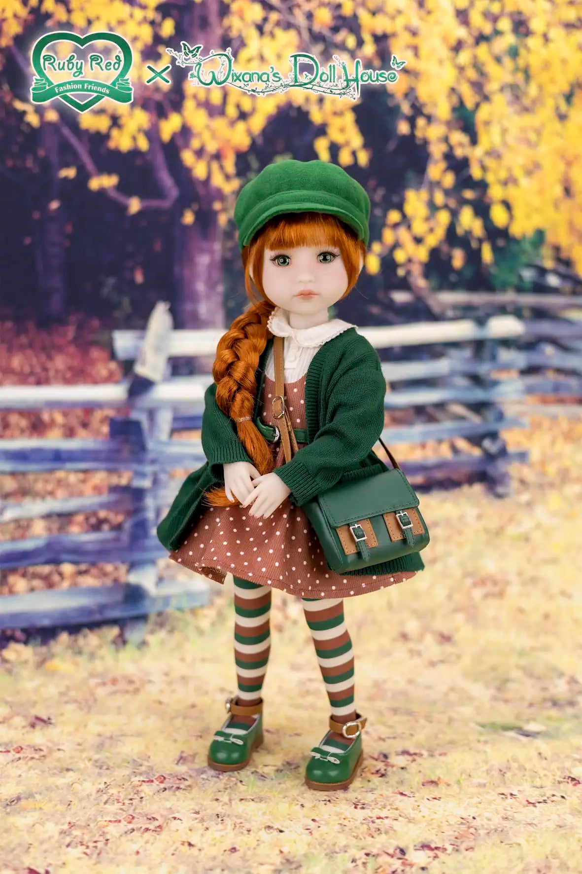 Doll in green outfit with a bag standing outdoors with autumn foliage.