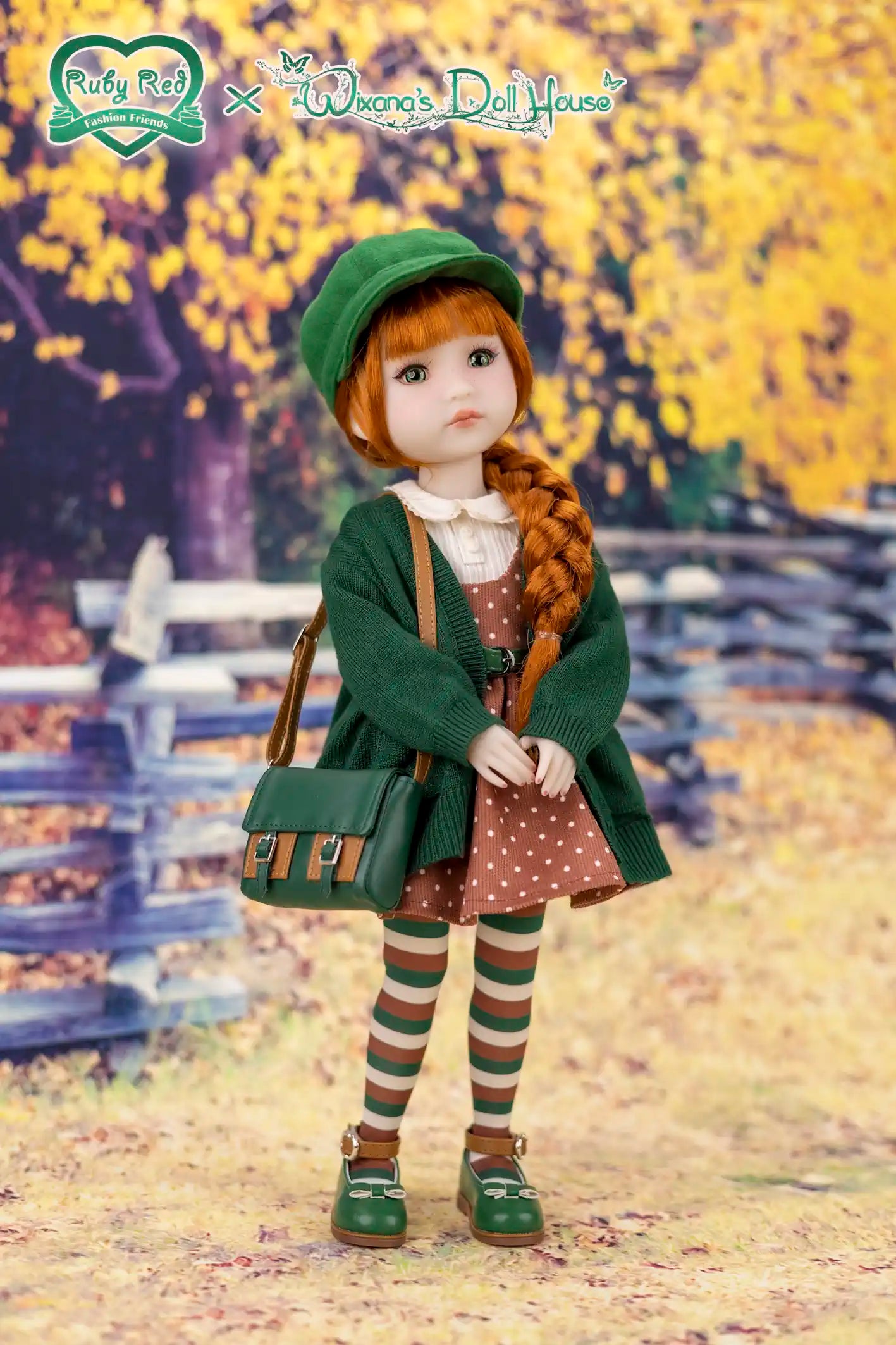 Doll in a green outfit with a bag standing in an outdoor setting with trees and a fence.