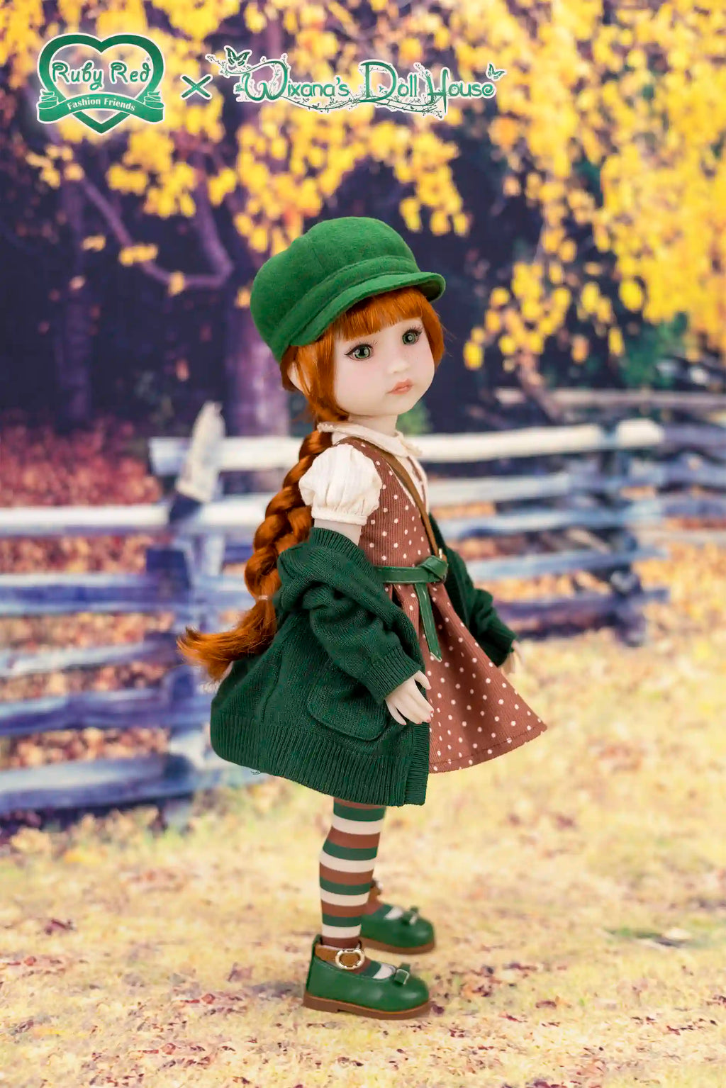 Doll in a green outfit with a polka dot dress standing in a scenic outdoor setting.