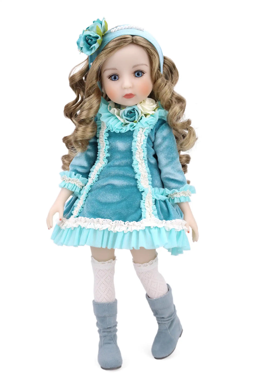 Doll in a blue outfit with a white background