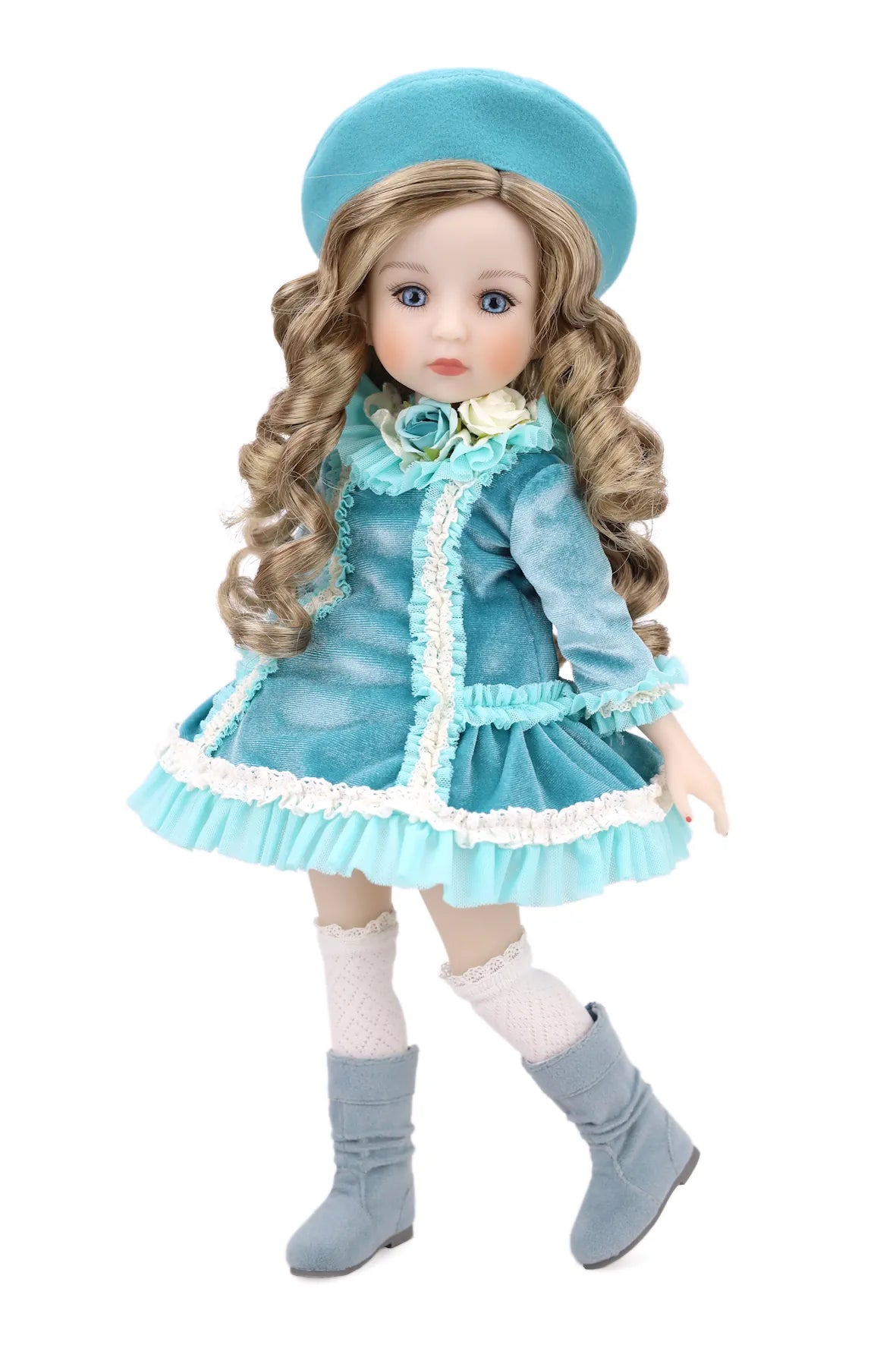 Doll in a blue outfit with a beret on a white background
