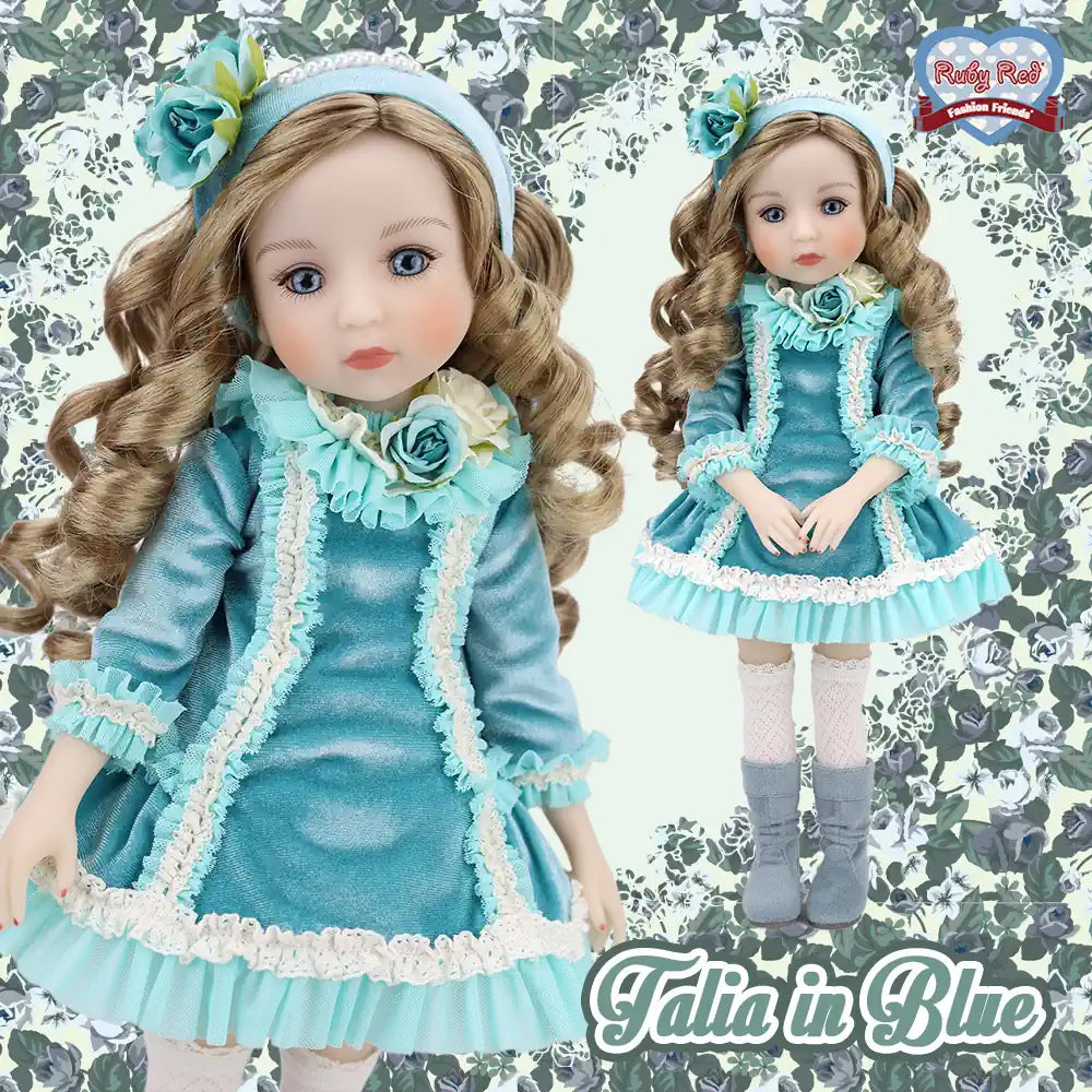 Doll in a blue dress with floral accessories on a decorative background