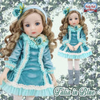 Doll in a blue dress with floral accessories on a decorative background