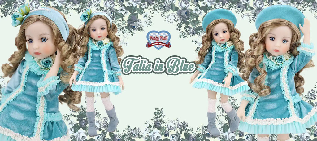 dolls in blue outfits with a brand logo in the background