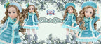dolls in blue outfits with a brand logo in the background