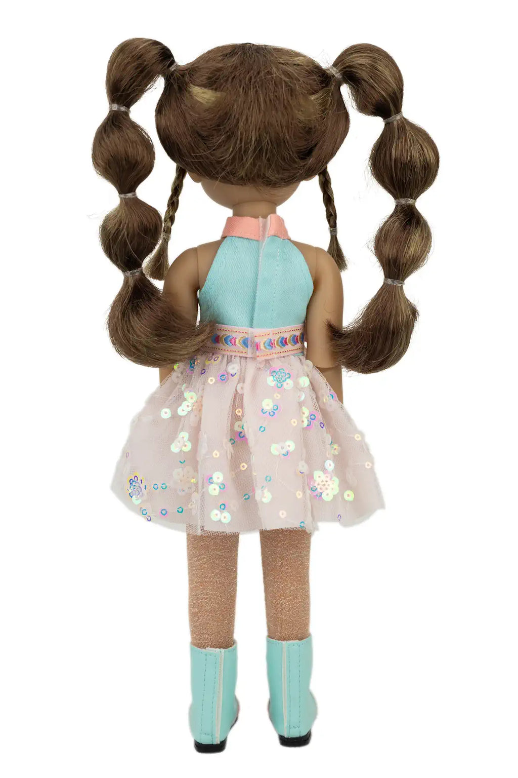 Abby with brown hair in pigtails wearing a light blue dress and boots on a white background