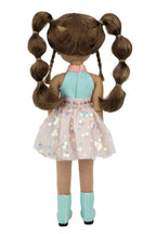 Abby with brown hair in pigtails wearing a light blue dress and boots on a white background