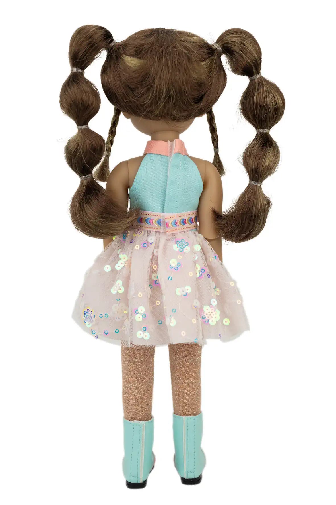 Abby with brown hair in pigtails wearing a light blue dress and boots on a white background