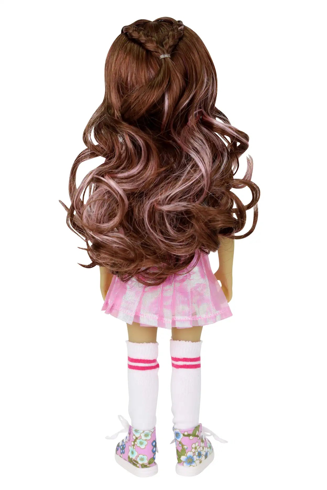 Back view of Bella with pink-highlighted wavy hair in pink dress, white socks with pink stripes, and floral sneakers, white background.
