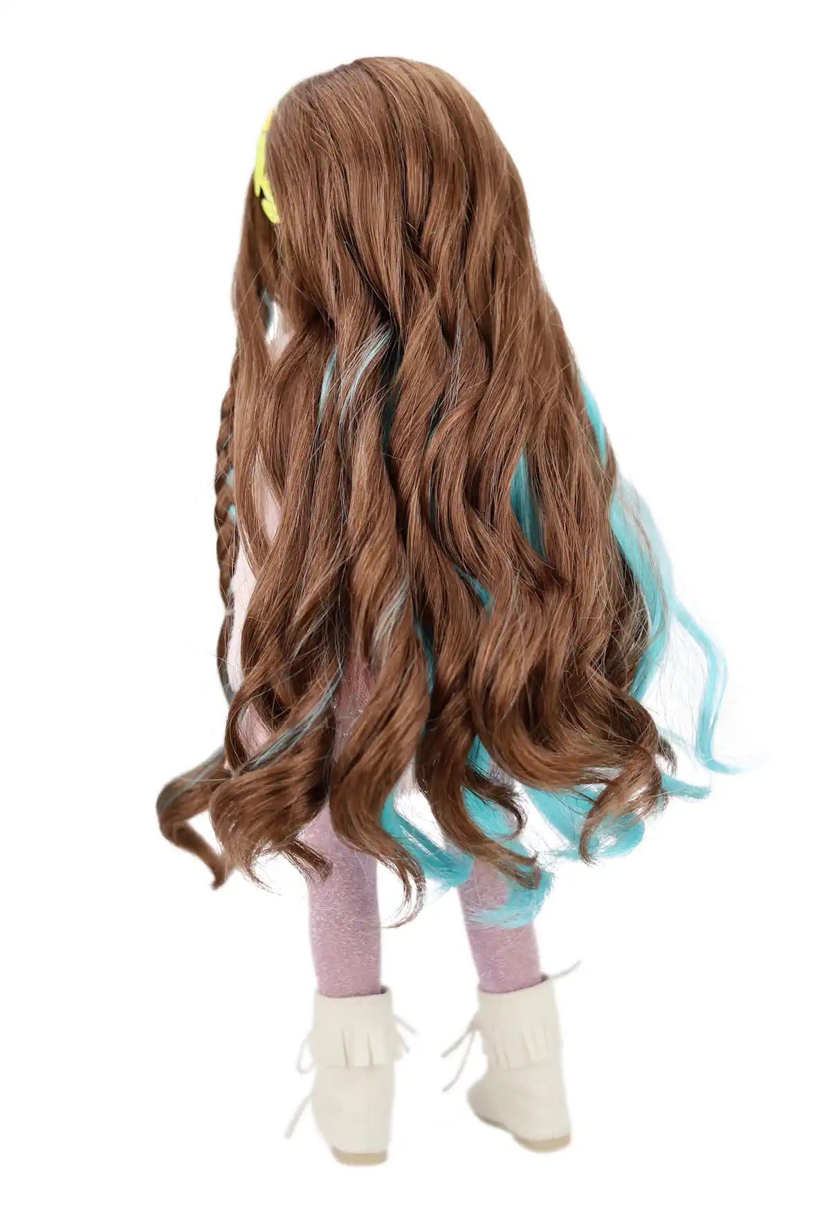 Ella with long brown and blue hair on a white background