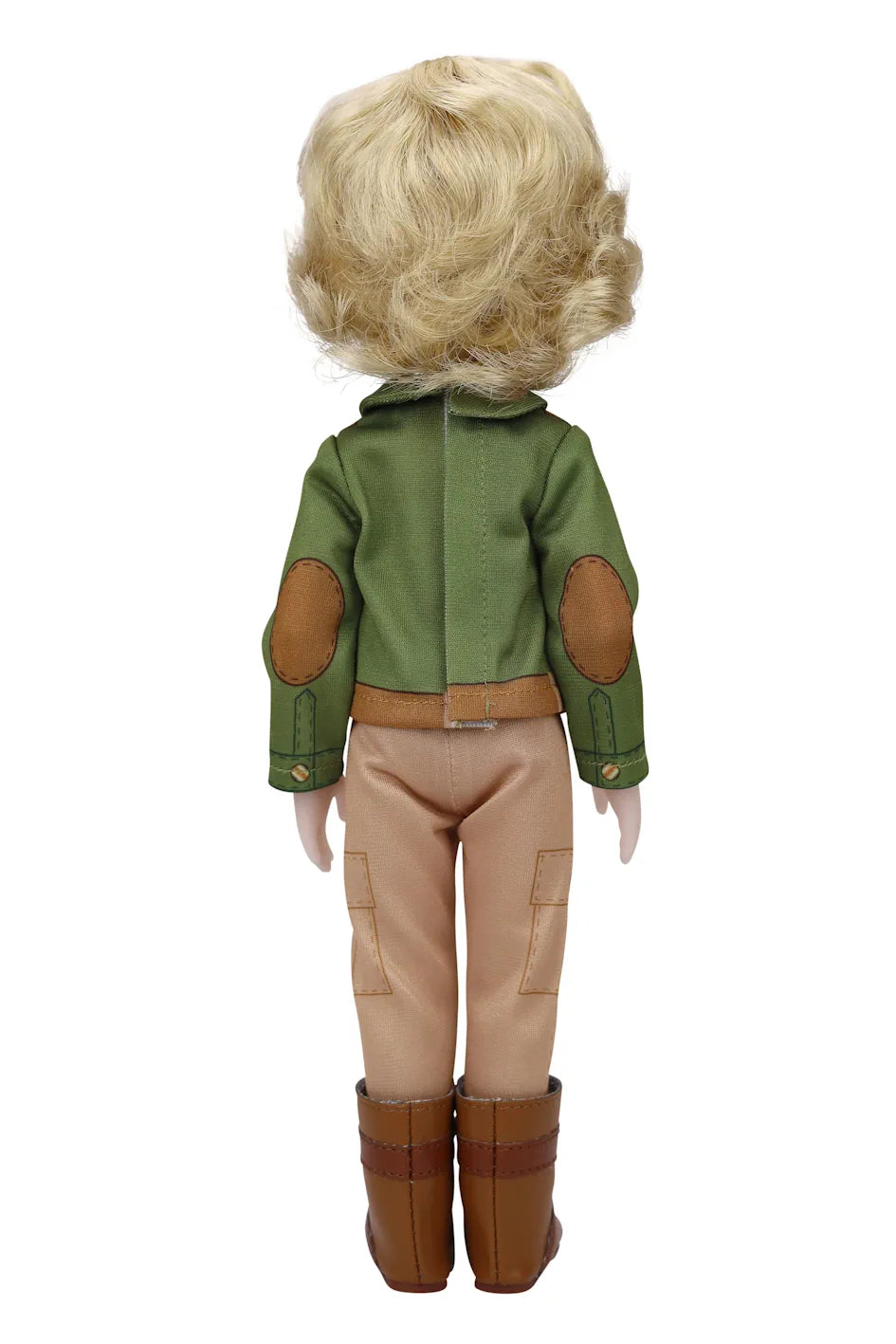 Erik, a doll with curly blonde hair, is shown from the back wearing a green jacket with elbow patches, beige cargo pants, and brown mid-calf boots against a white background.