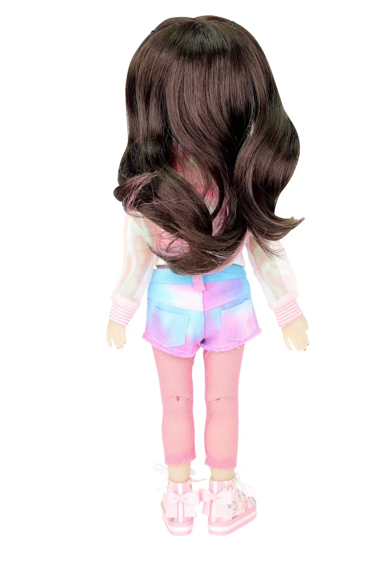 Hanna, back view, long brown hair with pink highlights in a sheer pink jacket,  tie-dye shorts, and floral sneakers.