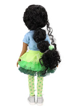 Jada with green outfit and black hair extensions on a white background