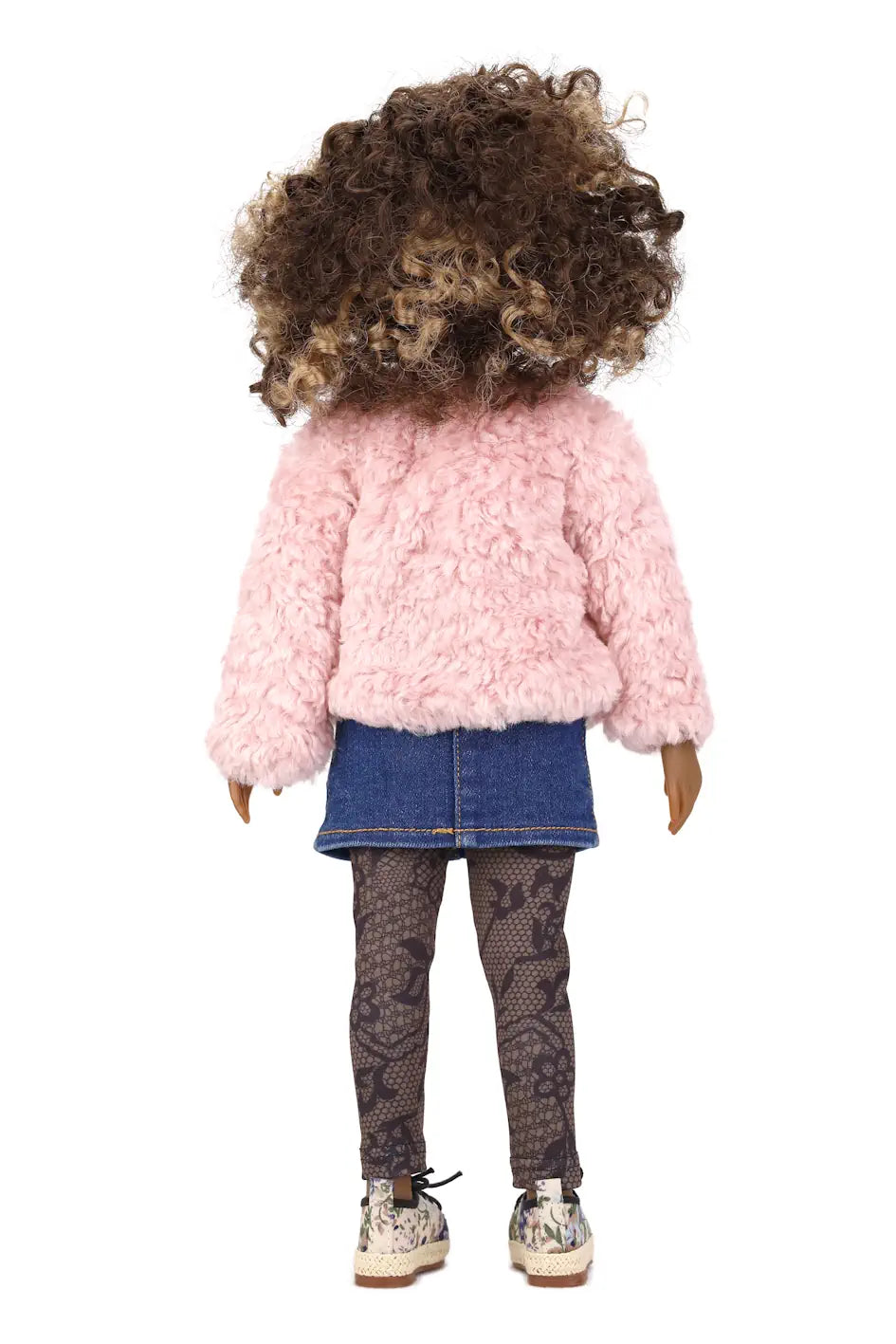 Maya wearing a pink fluffy jacket, blue skirt, and patterned leggings on a white background