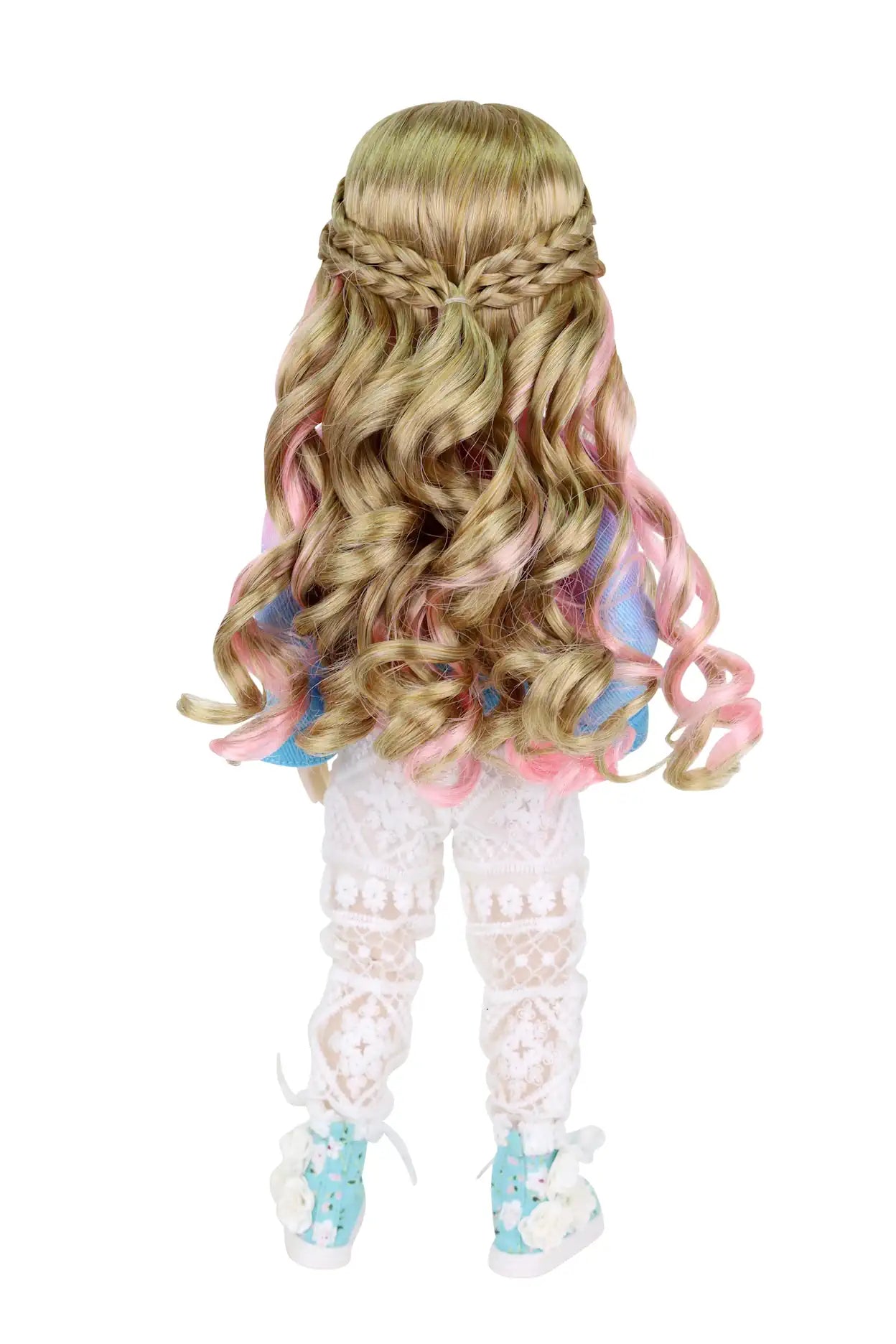 Sara, back view, blonde hair with pink highlights,in tie-dye jacket, pink shirt, lace pants, white background.