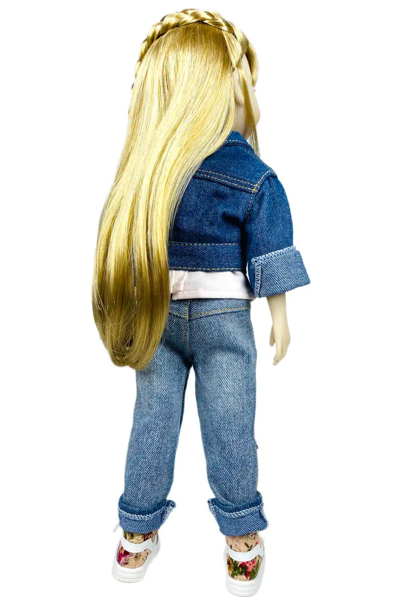 Sara with long blonde hair wearing a denim jacket and jeans on a white background