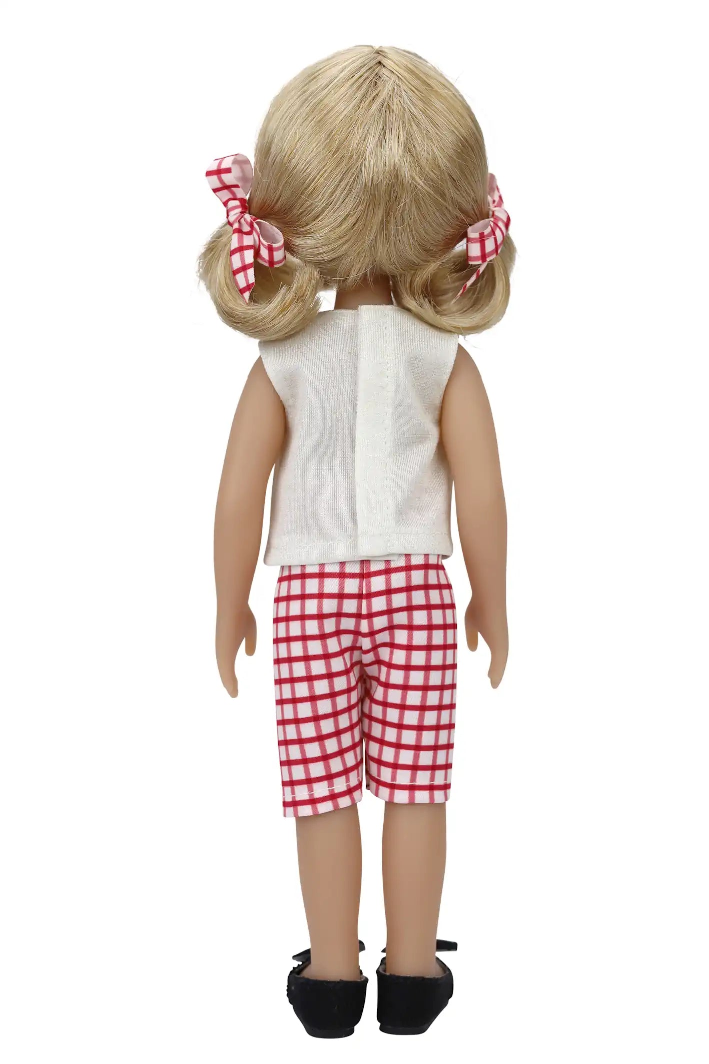 Summer, a doll with blonde pigtails and checkered bows, in a white top, checkered shorts,and black shoes,shown from the back.