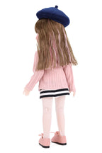 Sunny wearing a pink outfit with a blue beret on a white background