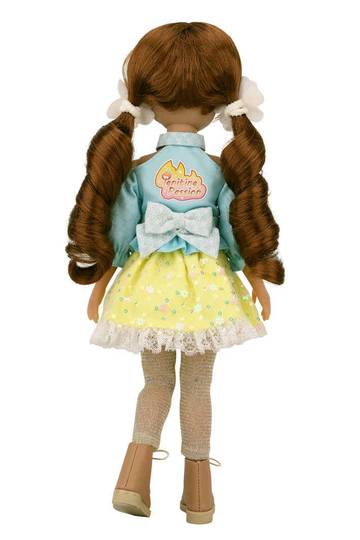 Valeria with a colorful outfit on a white background