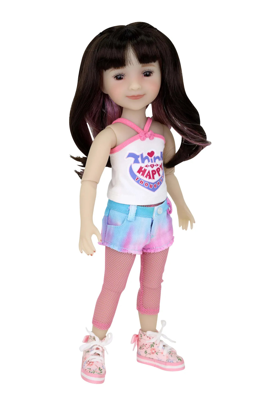 Hanna doll with long brown hair wearing white 'Think Happy Thoughts' tank, tie-dye shorts, fishnet tights, and floral sneakers.