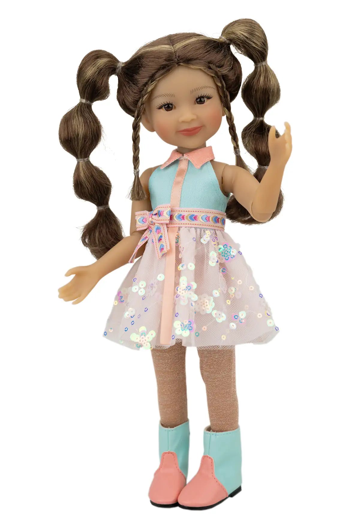 Abby with pigtails wearing a light blue dress and pink shoes on a white background