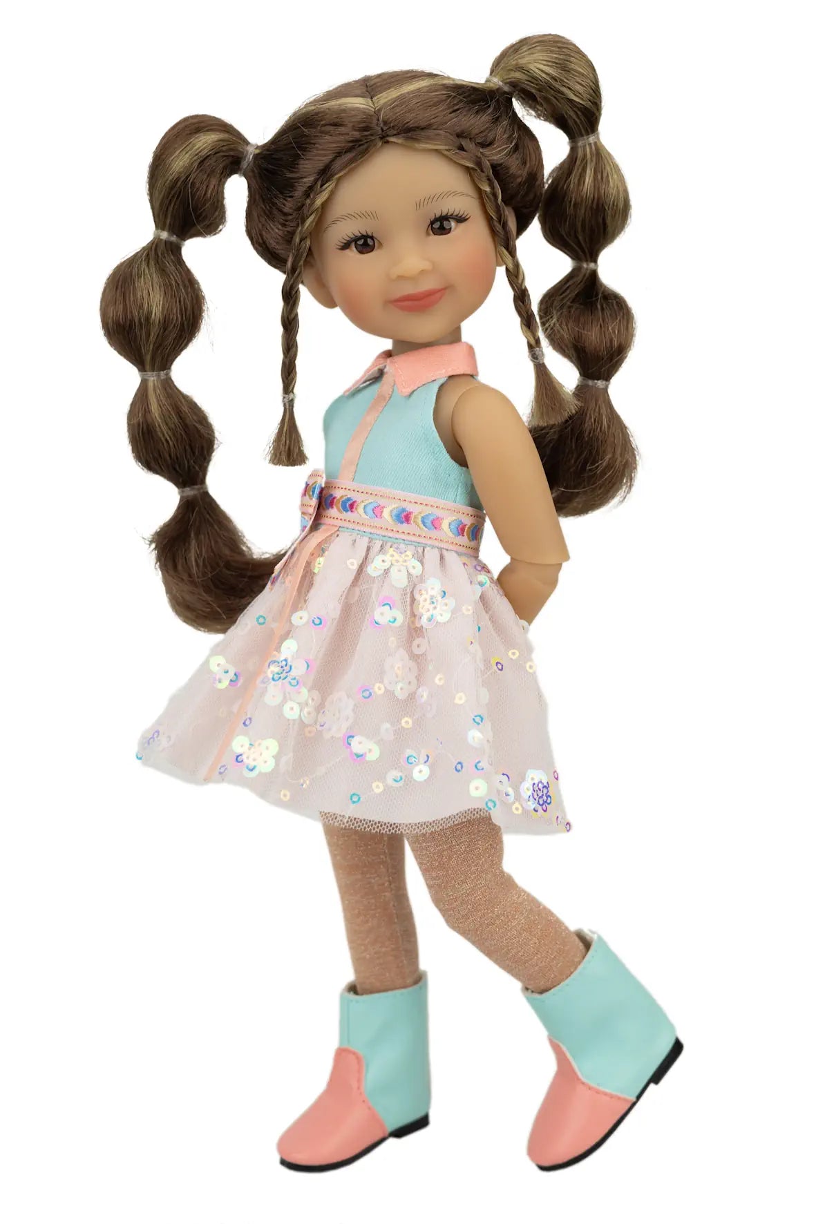 Abby with pigtails wearing a light blue dress and pink boots on a white background