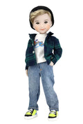 Alex wearing a plaid jacket, white shirt, jeans, and sneakers on a white background