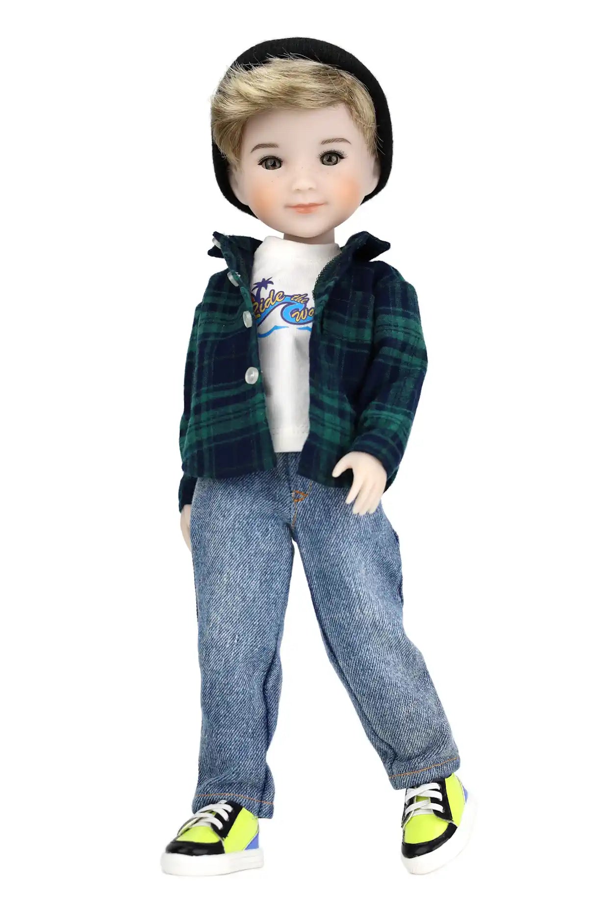 Alex wearing a plaid jacket, white shirt, jeans, and sneakers on a white background