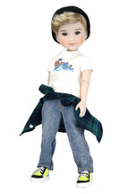 Alex wearing a white t-shirt with graphics, plaid jacket, and jeans on a white background