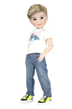 Alex wearing a white t-shirt with colorful design, blue jeans, and multicolored shoes on a white background