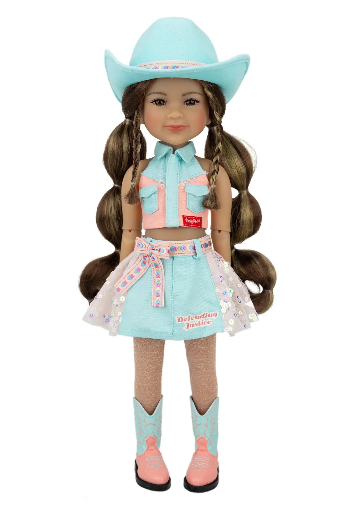 Amina in a cowgirl outfit with a turquoise hat, vest, and boots on a white background