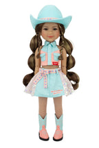 Amina in a cowgirl outfit with a turquoise hat, vest, and boots on a white background