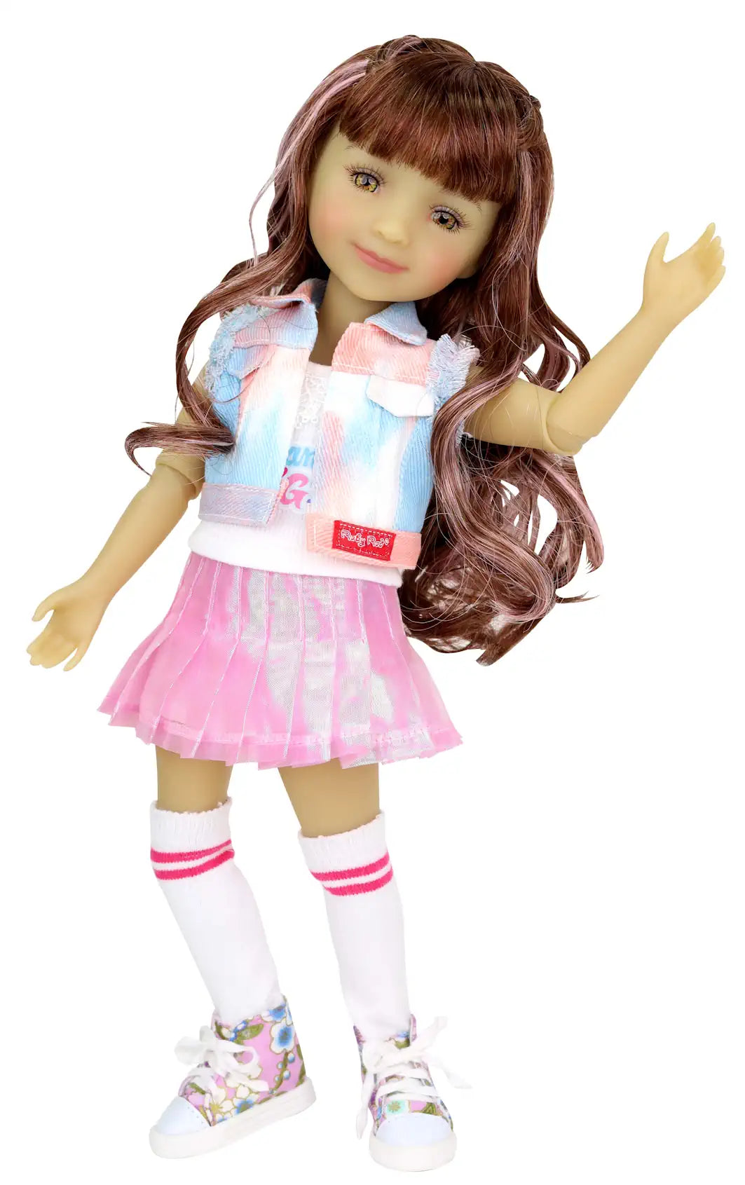 Bella, long brown hair with pink highlights, waving in tie-dye jacket, pink skirt, white socks with pink stripes, and floral sneakers, white background