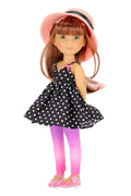 Bailey wearing a black polka dot dress with pink gradient leggings on a white background