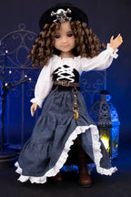 Pirate-themed Clark with a dark blue dress and white shirt against a decorative background.