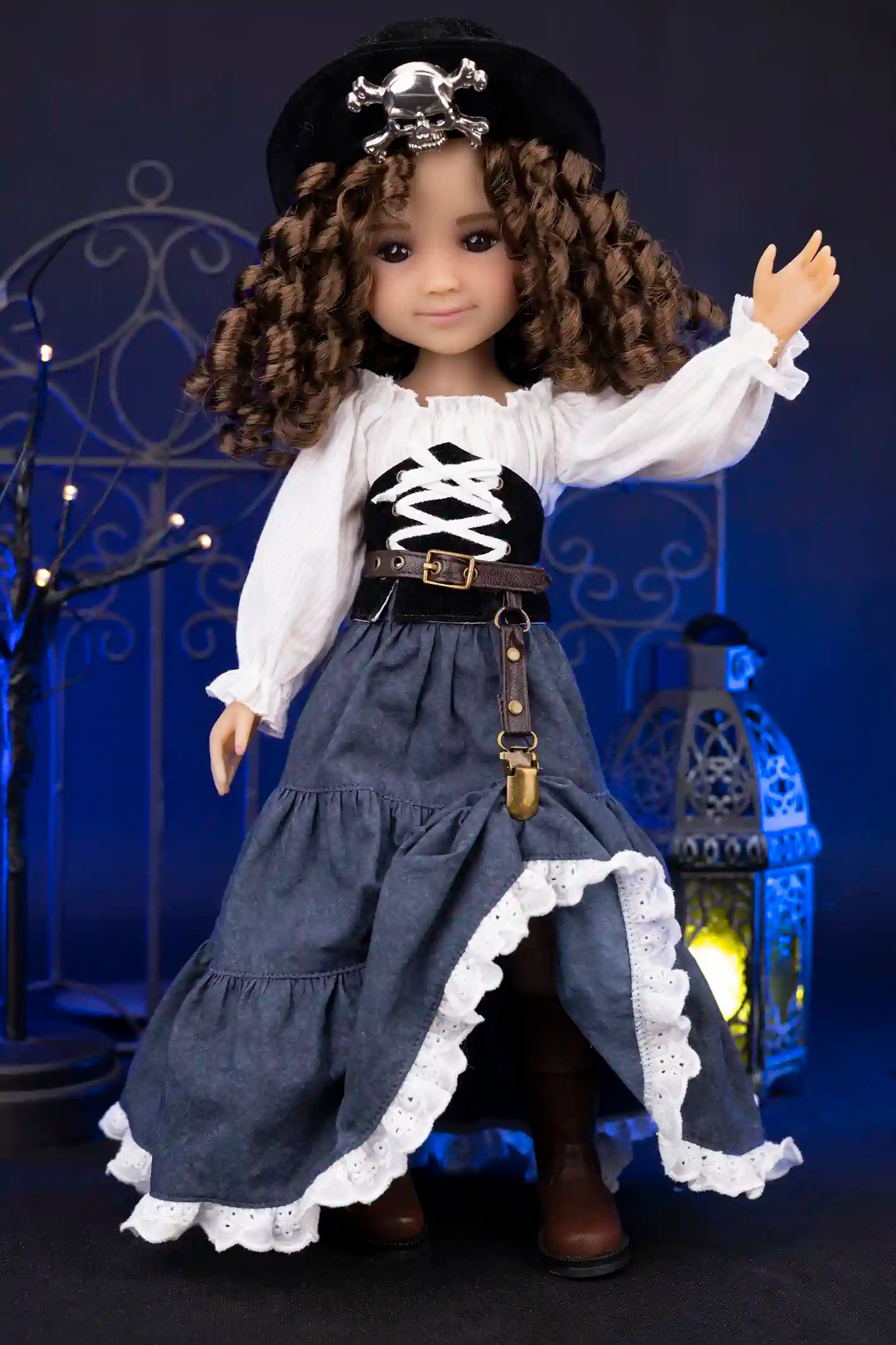 Pirate-themed Clark with a dark blue dress and white shirt against a decorative background.