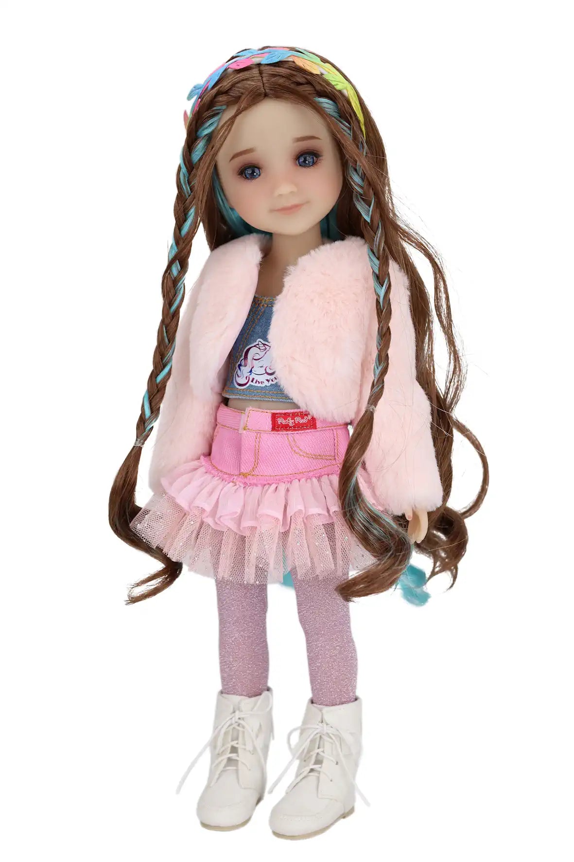Ella wearing a pink outfit with a fur-lined jacket on a white background