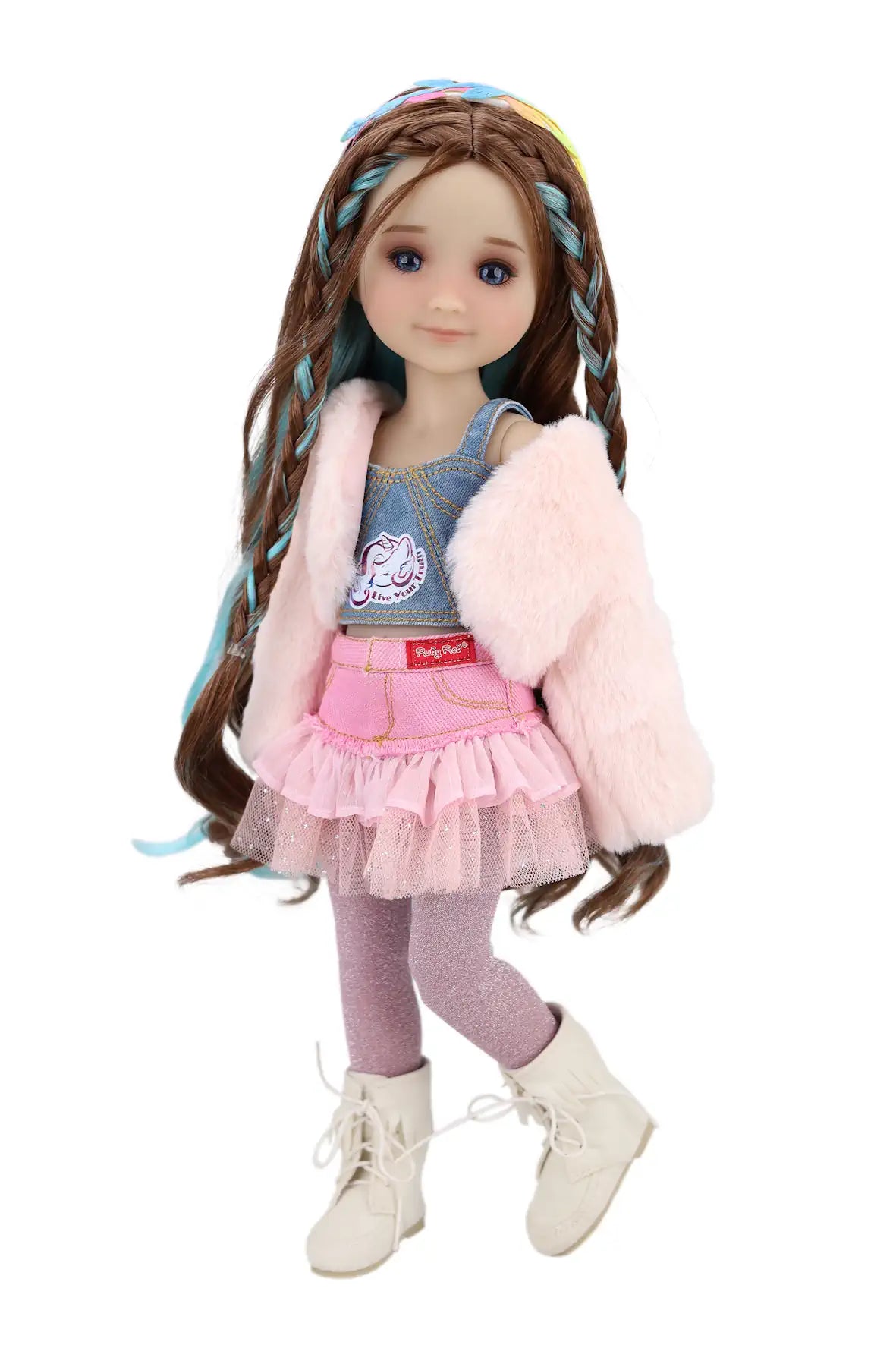 Ella with long brown hair, pink jacket, denim vest, and pink skirt on a white background