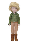 Erik, a doll with  wavy blonde hair, stands against a white background wearing a green long-sleeved shirt with chest pockets, beige cargo pants, and brown ankle boots.
