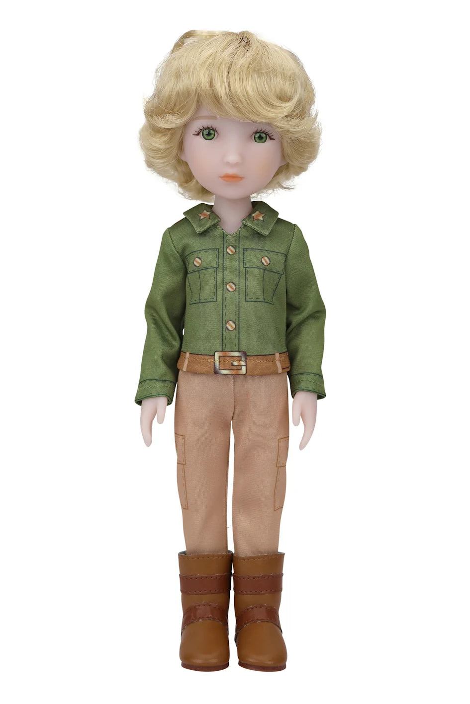 Erik, a doll with  wavy blonde hair, stands against a white background wearing a green long-sleeved shirt with chest pockets, beige cargo pants, and brown ankle boots.