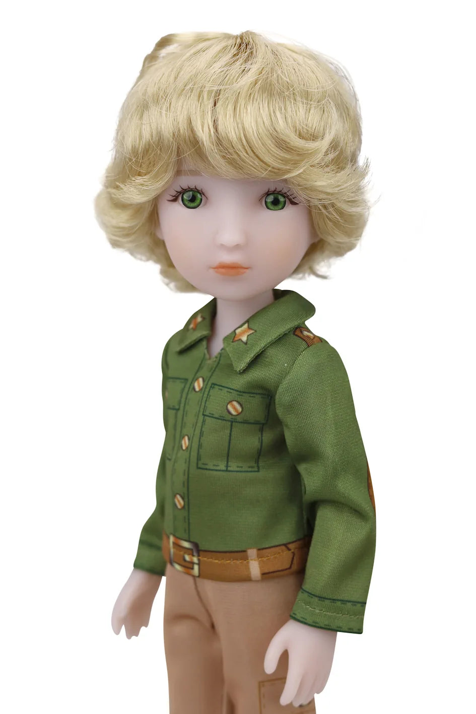 Erik, a doll with  wavy blonde hair, wears a green military-style shirt with chest pockets, beige pants, against a white background.