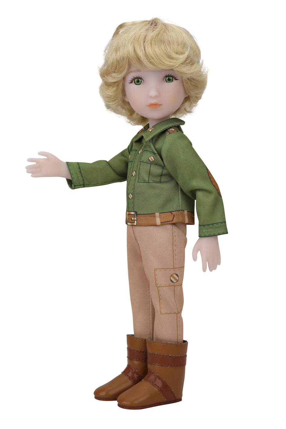 Erik, a doll with wavy blonde hair, stands in a side profile with one arm extended, wearing a green jacket, beige cargo pants, and brown ankle boots against a white background.