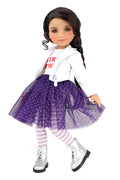 Freida wearing a white shirt with text, purple skirt, and striped leggings on a white background