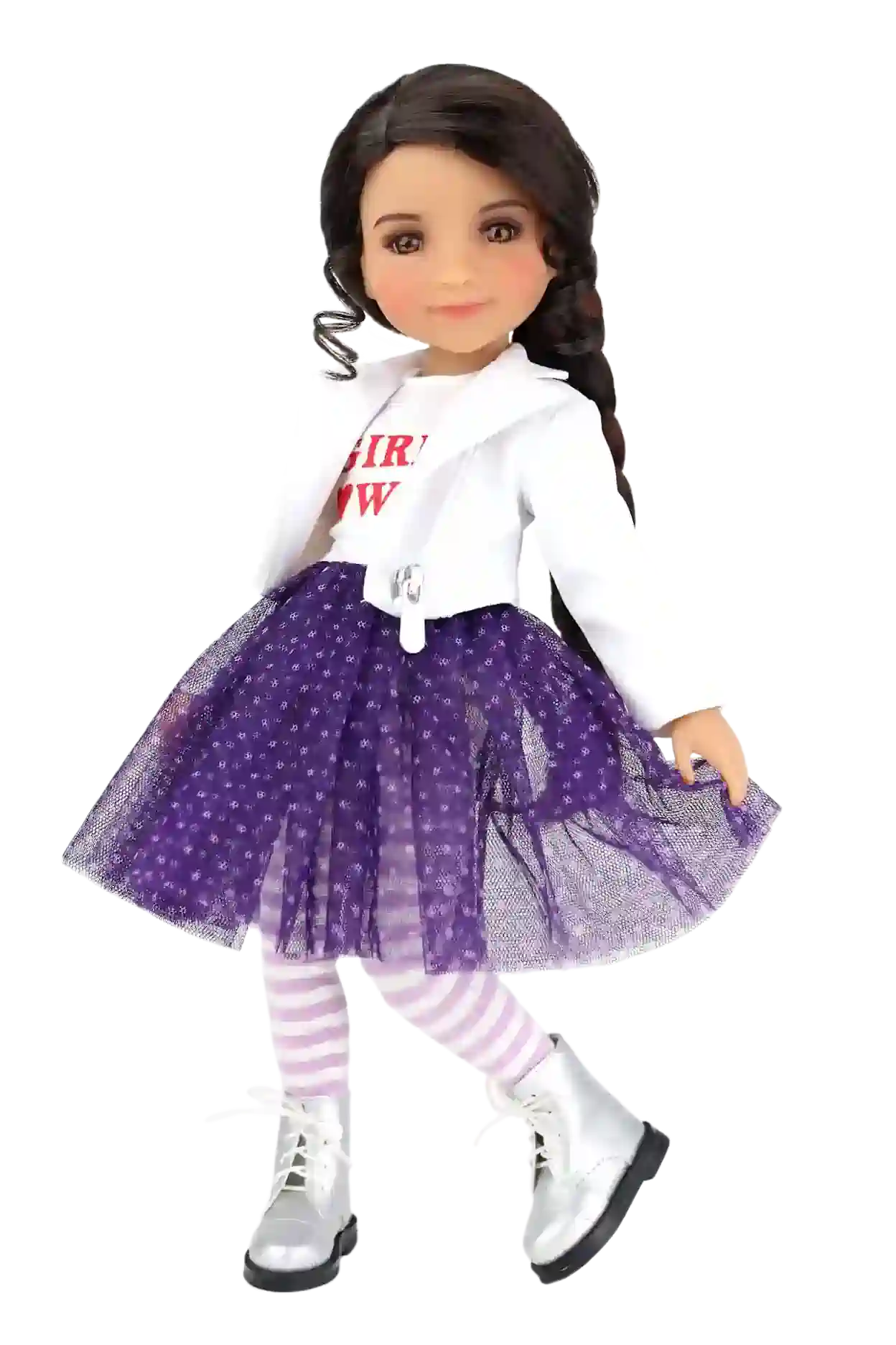 Freida wearing a white shirt with text, purple skirt, and striped leggings on a white background