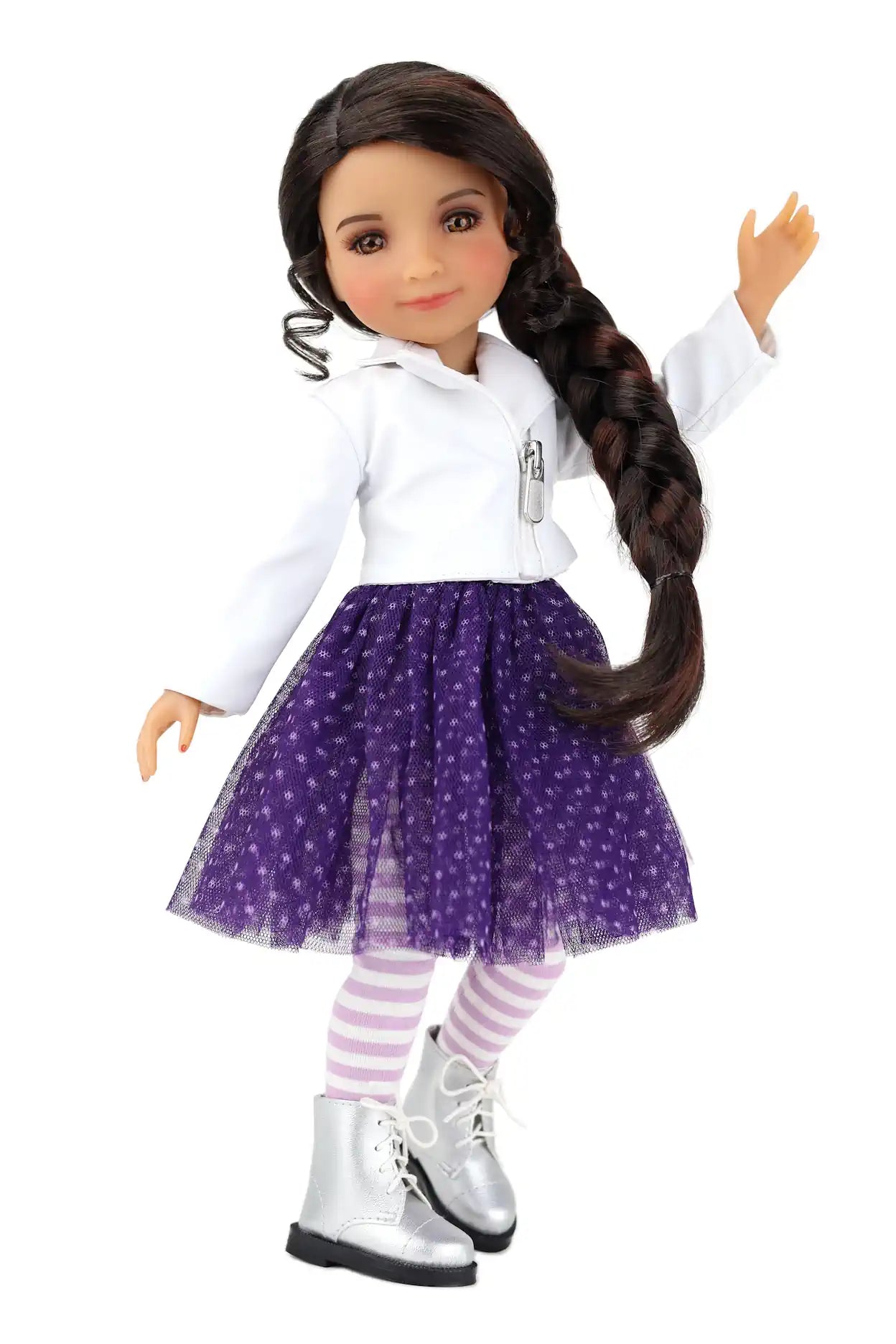 Freida wearing a white hoodie with a name tag, purple polka dot skirt, and silver boots on a white background