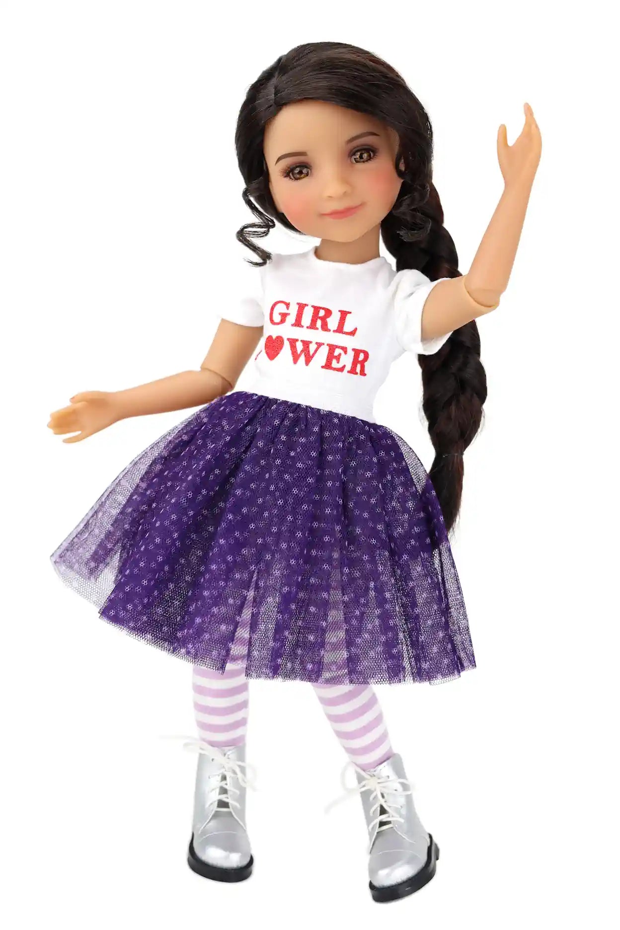 Freida wearing a white shirt with 'Girl Lover' text, purple skirt, and striped socks on a white background